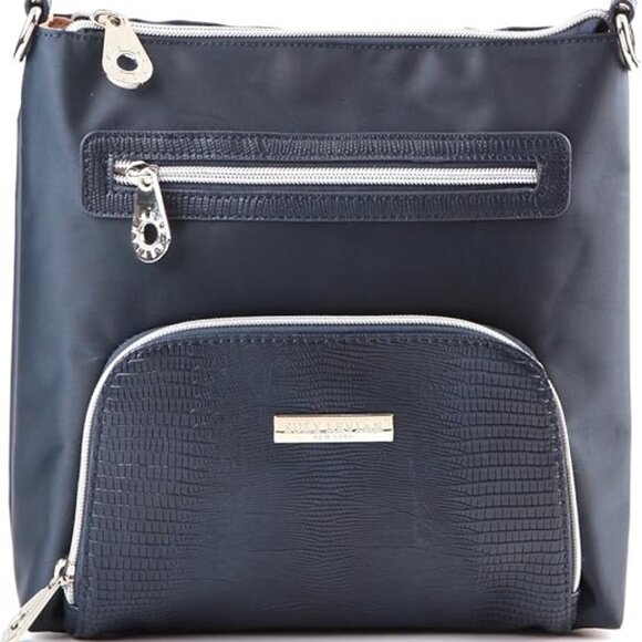 NWT Suzy Levian Navy Nylon Faux Crocodile Front Pocket Crossbody Handbag - Picture 4 of 7